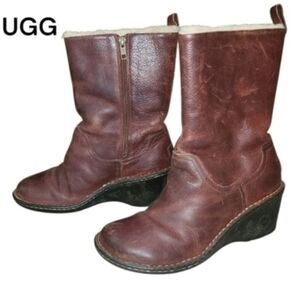 UGG Hartley Red Brown Leather Shearling Wedge Winter Dress Snow Boot Fur Women 9